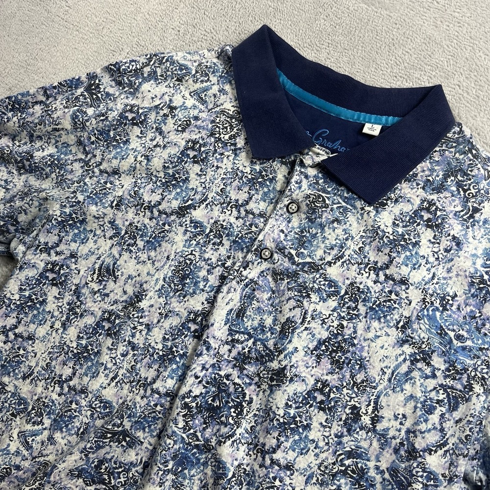 Robert Graham Polo Shirt Mens Large Classic Blue All‎ Over Paisley Short Sleeve